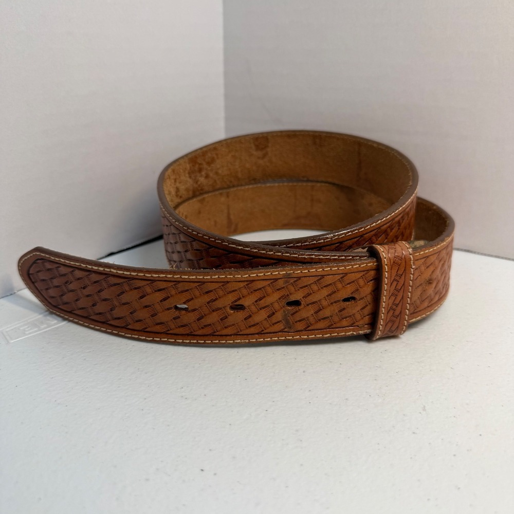 Tony Lama Basketweave Embossed Brown Leather Belt NO BUCKLE